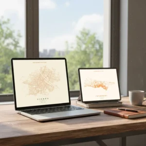 Line art of city of Vienna and Istanbul on computer and tablet.