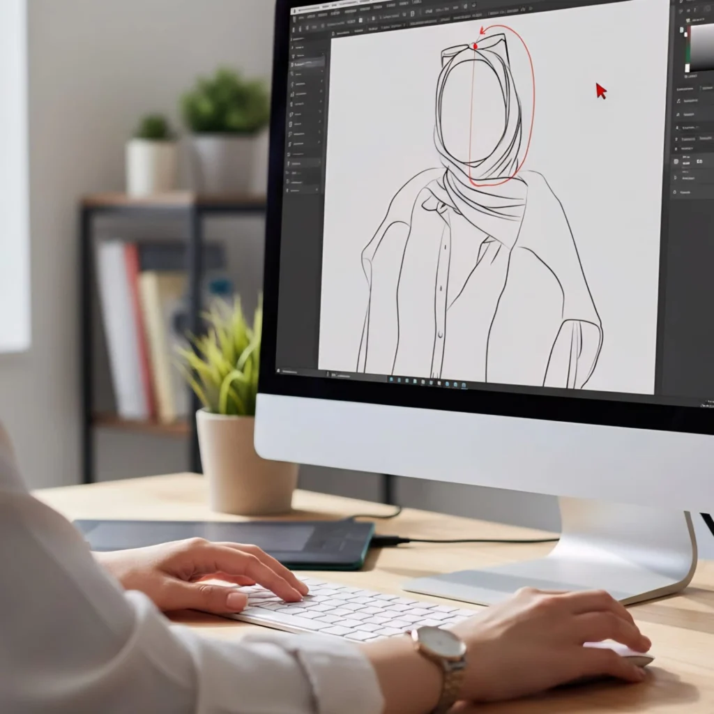 A woman performing line art on computer.